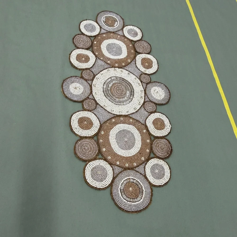 Pier 1 Imports Beaded Table Runner Neutral Bronze Silver Gold Circles Boho